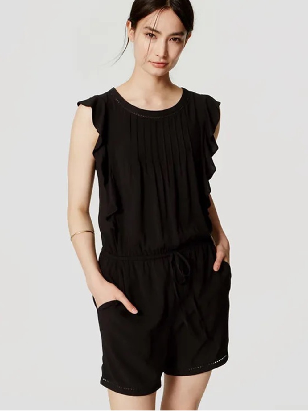 Ann Taylor LOFT Black Romper with Ruffle Accent and Lace Edge | SP | Boho